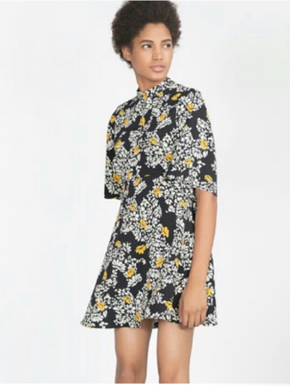 Zara Floral Swing Mini Dress Mock Neck Black Yellow Short Sleeve Large
